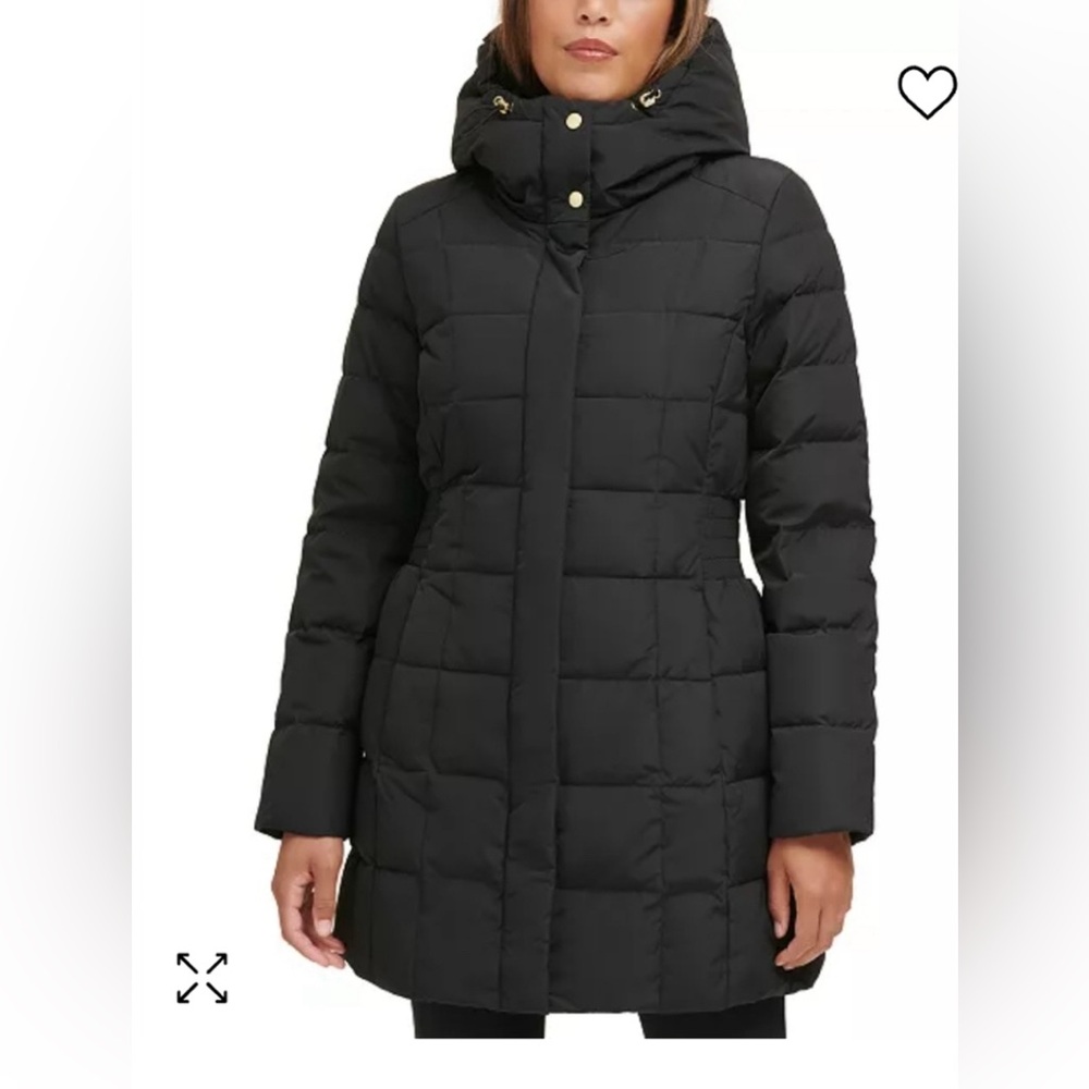 Cole Haan Womens Large Black Down Double Zip Cinched Waist Puffer Jacket NWT
